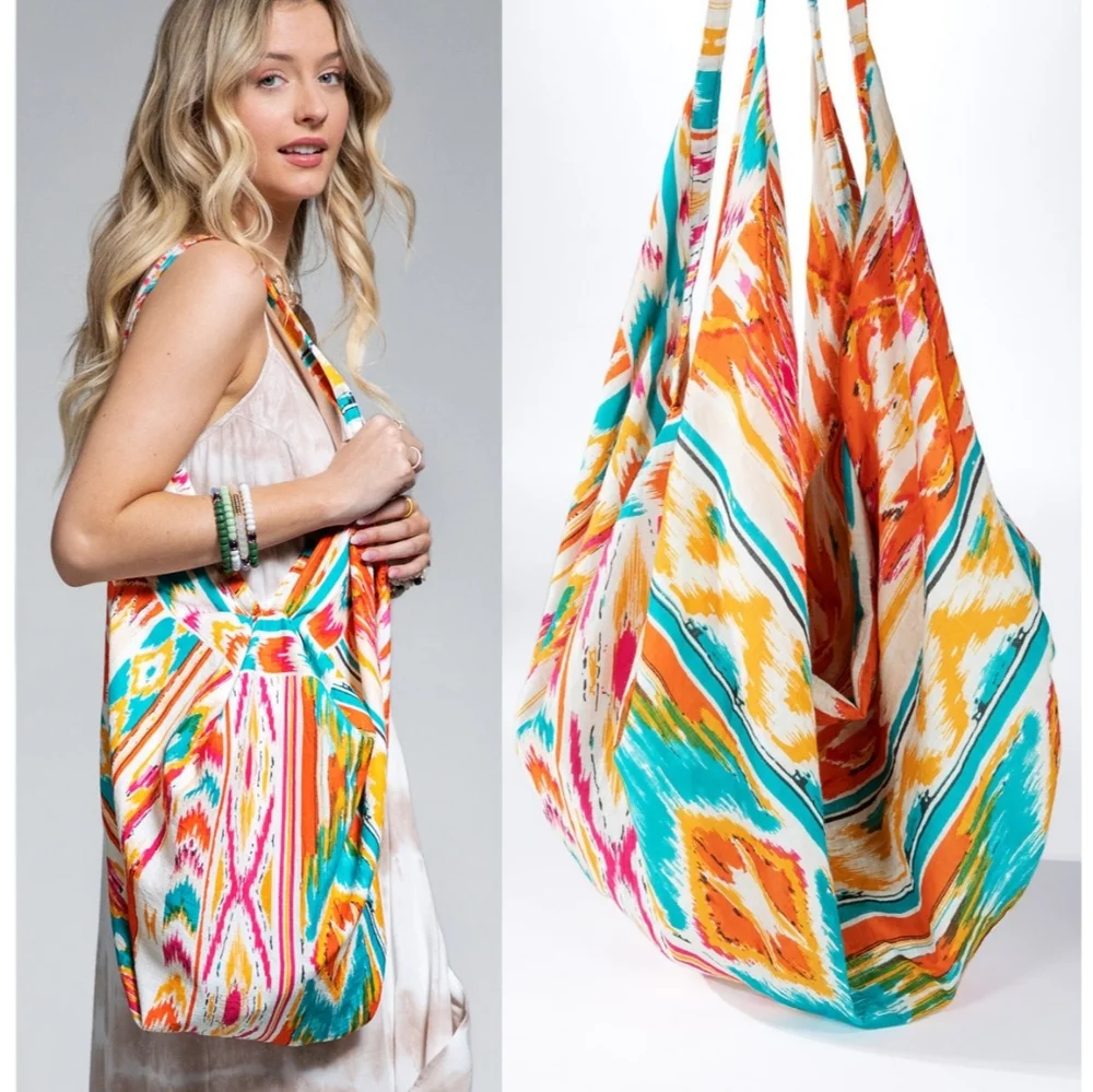 Boho Chic Beach Yoga Hobo Shoulder Bag - Multi Colored Abstract Ethnic Print